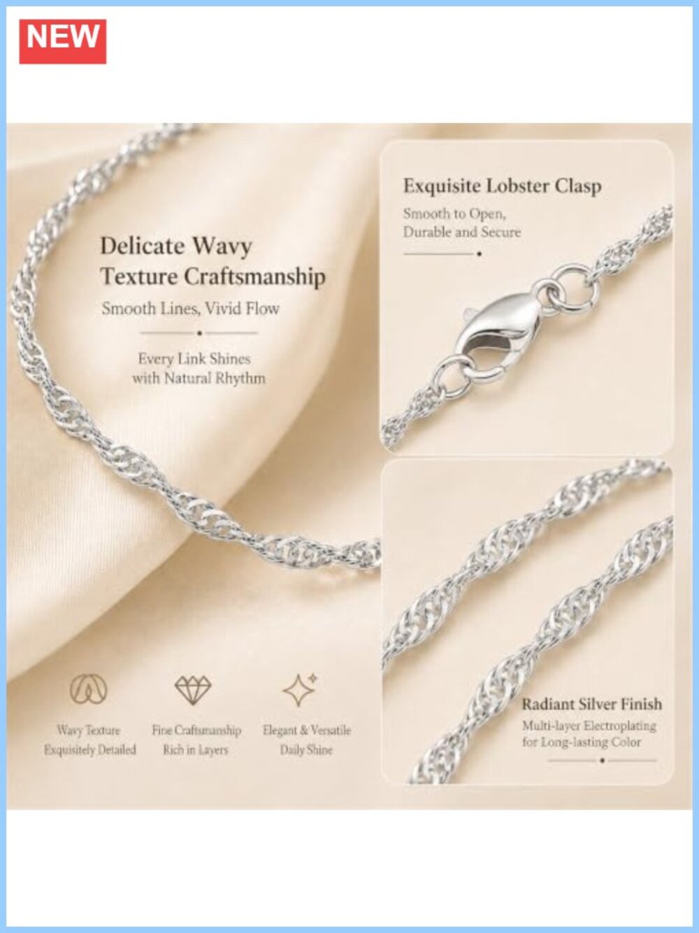 925 Sterling Silver Twist Chain Necklace for Women Dainty Thin Shiny Wave Choker - Picture 5 of 6